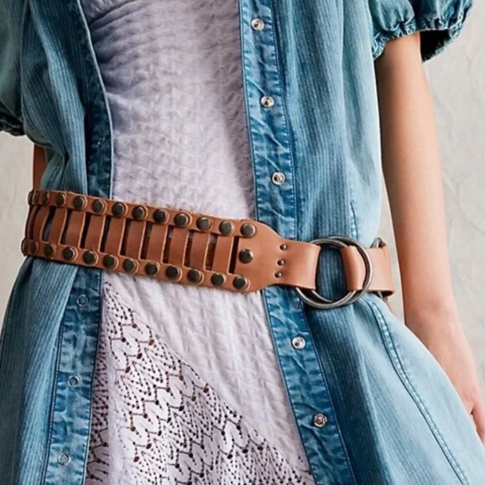 Free People Tan Leather Grommet Waist Belt with Double Ring